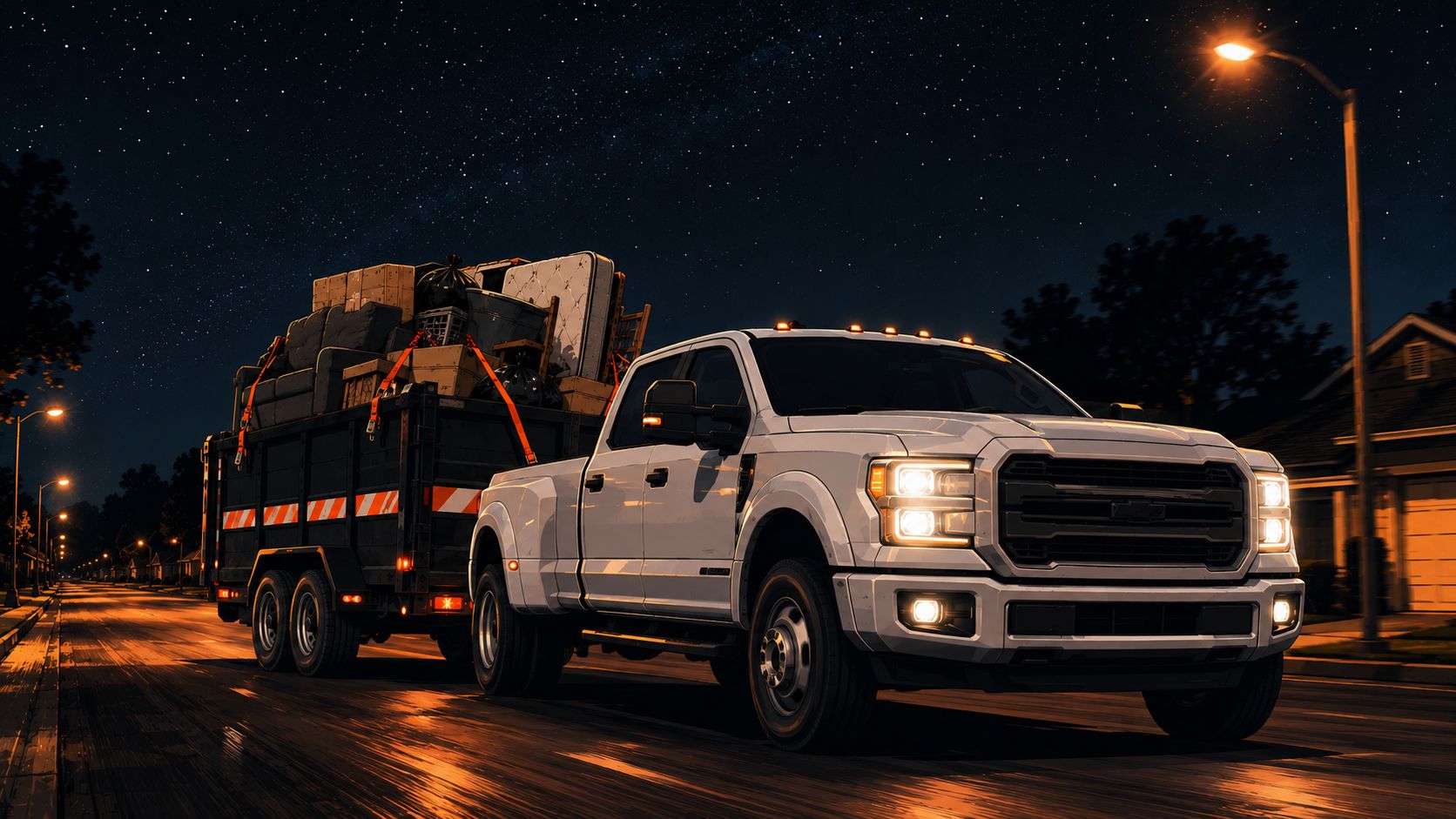 Illustration of the LGX Pro Services truck hauling a fully loaded dump trailer through a Dallas–Fort Worth neighbourhood at night